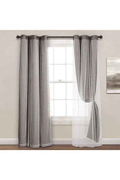 Lush Decor Sheer Grommet Curtains with Insulated Blackout Lining, 38" x 84", Dark Gray, Pair