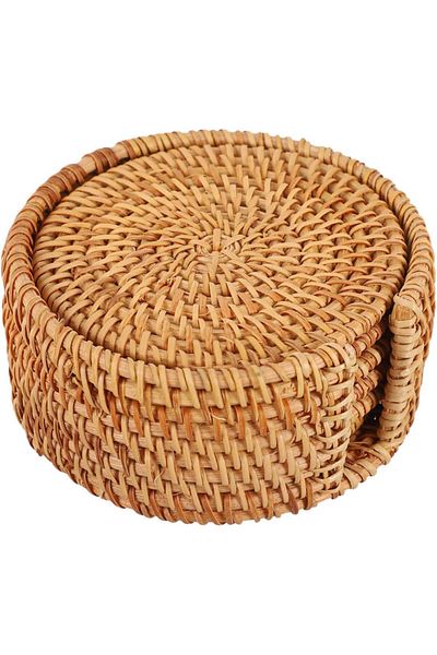 Generic 1 Set Rattan Coasters Rattan Placemat Coffee Cup Coaster Round Rattan Cup Holder Rustic Woven Coast
