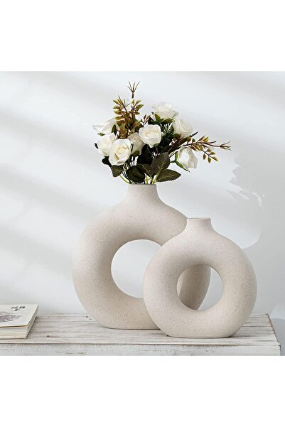 mCherry طقم مزهريات سيراميك بيضاء (قطعتان) - مزهريات زهور دائرية غير لامعة من...