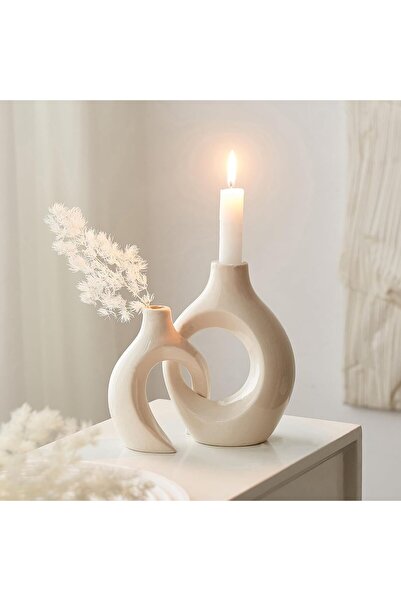 EXCEFORE White Ceramic Candle Holder, Modern Minimalist Taper Candle Holder, Ivory