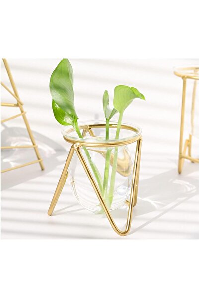 Khazna Glass Vase with Metal Stand - Gold Geometric Flower Vase