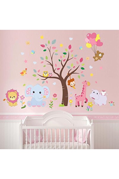 Amimagen ملصقات حائط لغرفة الأطفال برسومات حيوانات الغابة الوردية (أسد، فيل، ...