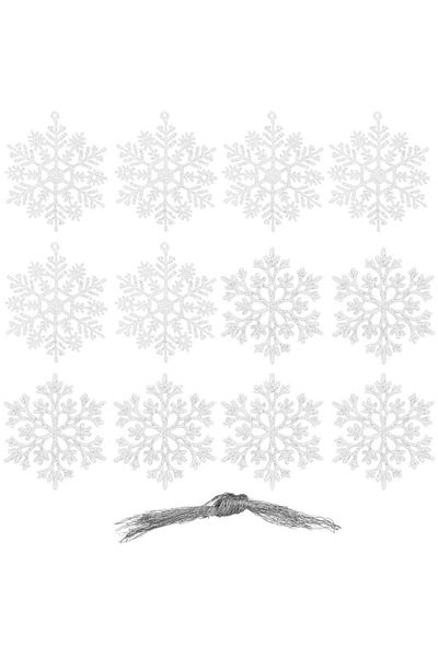 Springos Snowflake Christmas tree decoration set, 12 pieces, 10 cm, with string, white with glitter