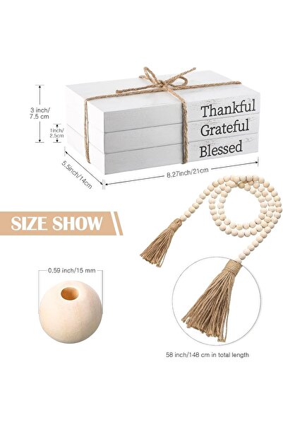 AZONEE 3 Pc Decorative White Faux Books with Wood Bead Chain (Thankful, Grateful, Blessed)