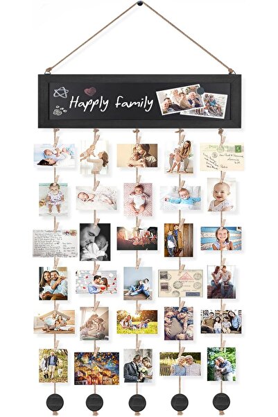 Generic Bikoney Rustic Wooden Multi-Photo Wall Frames with Blackboard and 30 Clips (Vintage Black)