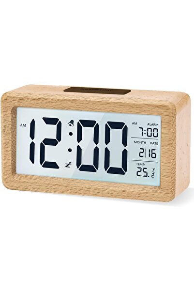 007 ساعة منبه خشبية رقمية بجانب السرير - شاشة LCD كبيرة، درجة الحرارة، غفوة