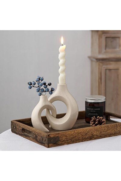 EXCEFORE White Ceramic Candle Holder, Modern Minimalist Taper Candle Holder, Ivory