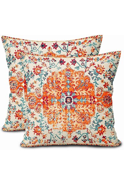 Generic Decorative Throw Pillow Covers, 45x45 cm, Vintage Boho Floral Pattern, Orange Blue, Double-Sided, Se