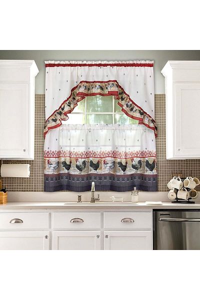 Generic Printed Tier and Swag Window Curtain Set - 57 Inch Width, 36 Inch Length - Rooster - Machine Washab
