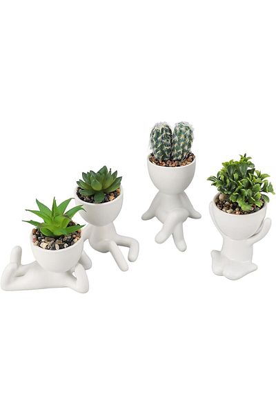 Generic Jiawu 4PCS Cute Artificial Plants with Human Shaped Pots, Mini Potted Ceramic Fake Decorative Pots