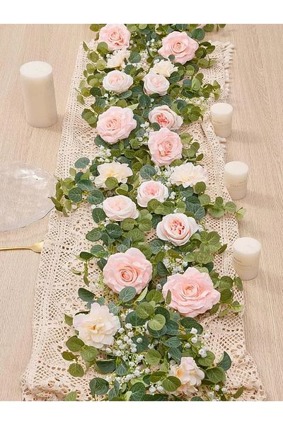 Choice Pink Artificial Flowers Silk Rose Gypsophila Garland Fake Eucalyptus Vine Hanging Plants for Wedding
