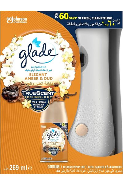 Glade Automatic Air Freshener Spray Holder with Scented Elegant Amber & Oud Refill Starter Kit, 269m