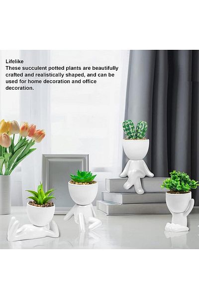 Generic Jiawu 4PCS Cute Artificial Plants with Human Shaped Pots, Mini Potted Ceramic Fake Decorative Pots