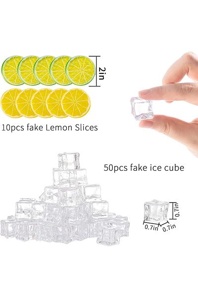 Generic KASTWAVE Transparent Fake Ice Cube Lemon Slice Set-50 Pieces Of Transparent Fake Ice + 10 Pieces Of