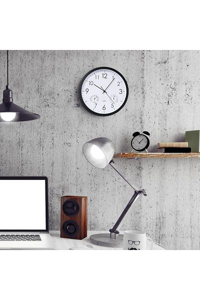 Generic Round Quartz Wall Clock without Ticking, Azonee 12 Inch Black Wall Clock with Temperature & Humidit