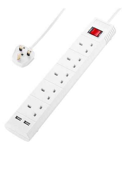 Lawazim 5-Way Heavy-Duty Extension Cord – 2990W with 5M Cable, 2 USB Ports, and On/Off Switches