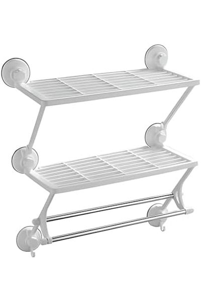 Biki Double Layers Double Rods Shelf – White Plastic Wall Mounted Bathroom & Kitchen Organizer 57x52x24cm