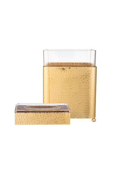 ABAREEK A set of wastebasket, tissue box and gold decor for a stylish and modern home.