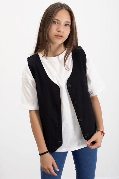 Cansın Mini Black Linen Buttoned Vest and Oversize T-Shirt Girl's 2-Piece Set 21006