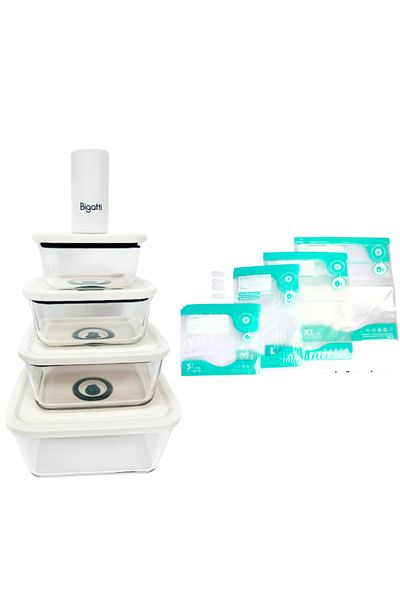 Bigatti Norris Glass Vacuum Glass Storage Container Set (Set of 4 Glass Storage Containers + 10 Vacuum Storage Bags)