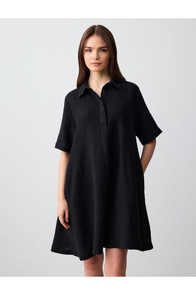 Jimmy Key Black 100% Linen Relaxed Cut Shirt Collar Elbow Sleeve Mini Dress
