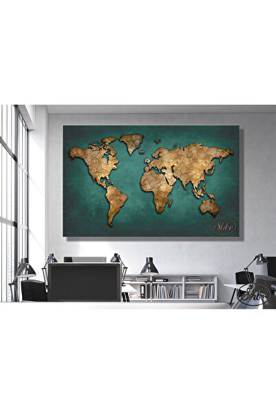Şehber Tekli Yatay Kanvas Tablo, Yeşl Dünya Haritası Ofis, İşyeri, Lojistik, ...