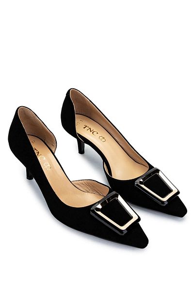 Tamer Tanca Women's Genuine Leather Black Suede Heeled Shoes