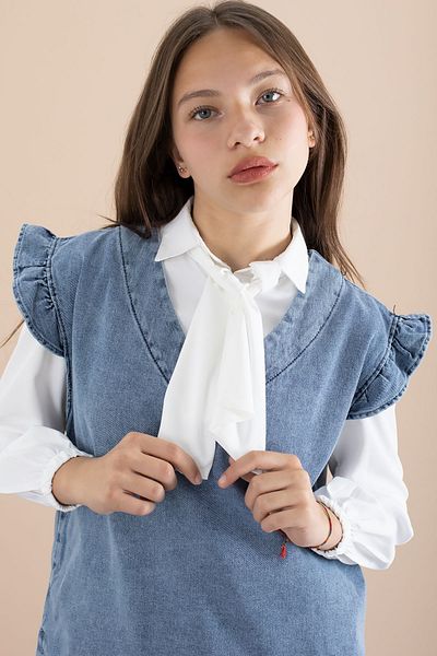 Cansın Mini Set de jeans cămașă albă cu eșarfă pentru fetiță 21097