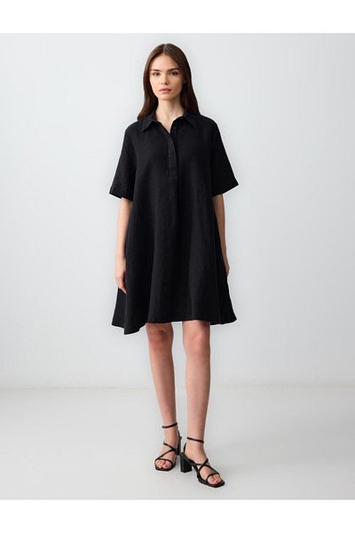Jimmy Key Black 100% Linen Relaxed Cut Shirt Collar Elbow Sleeve Mini Dress