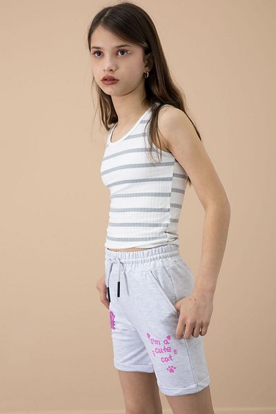 Cansın Mini Gray Paw Cute Printed Girl's Elastic Waist Shorts 20727