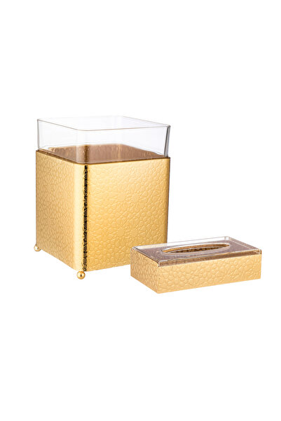 ABAREEK A set of wastebasket, tissue box and gold decor for a stylish and modern home.