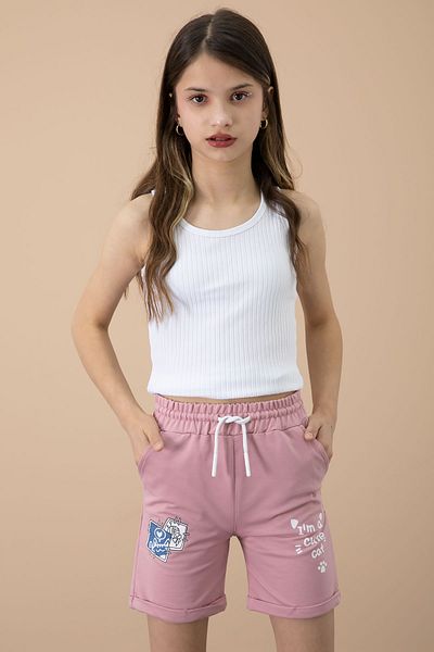 Cansın Mini Pantaloni scurți pentru fete cu talie elastică cu imprimeu Dusty Rose Paw 20728