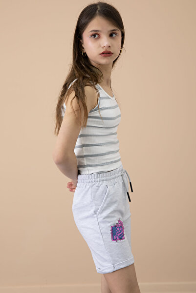 Cansın Mini Gray Paw Cute Printed Girl's Elastic Waist Shorts 20727