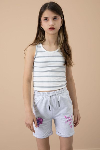 Cansın Mini Gray Paw Cute Printed Girl's Elastic Waist Shorts 20727
