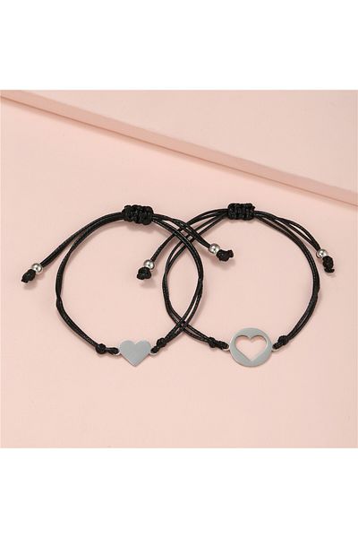 Tesbihane Black Rope Chain 316l Quality Steel Heart Design Set of 2 Sisters/friends Bracelets