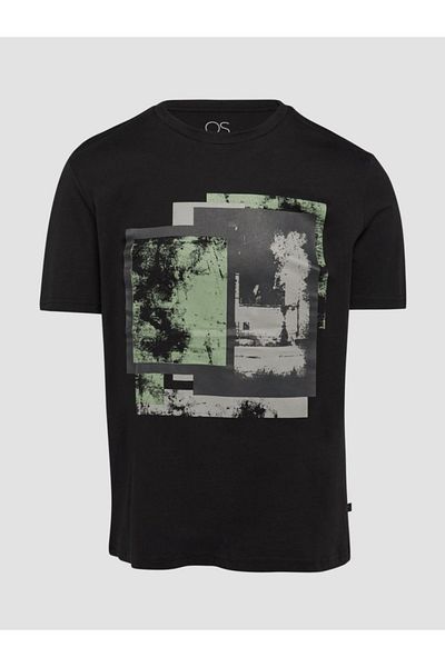 QS by s.Oliver Men's T-shirt With Abstract Print On The Front, Black