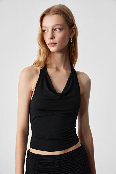 GRIMELANGE Shaman Women Regular Asymmetric Neck Sleeveless Short Black Blouse