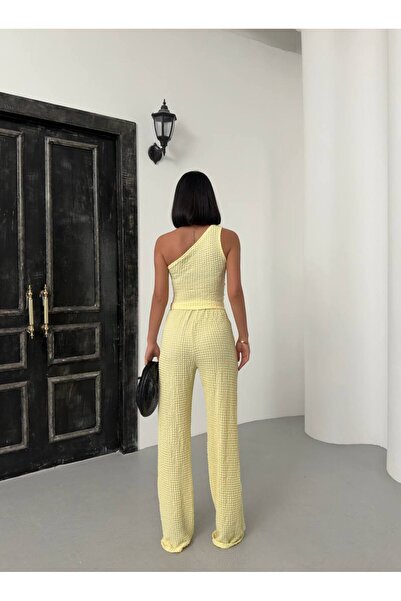 alenmoda One Shoulder Seersucker Blouse Pants Set