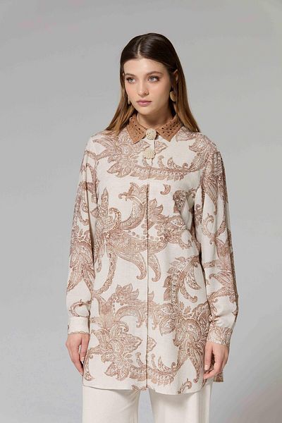 FUAT GÜRSEN Ethnic Patterned Linen Tunic with Laced Collar
