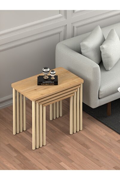 DESENGO Obim 4lü Safir Meşe Ahşap Ayaklı Zigon Sehpa-çay Sehpası-servis Sehpası-salon Sehpa-modern Tasarım