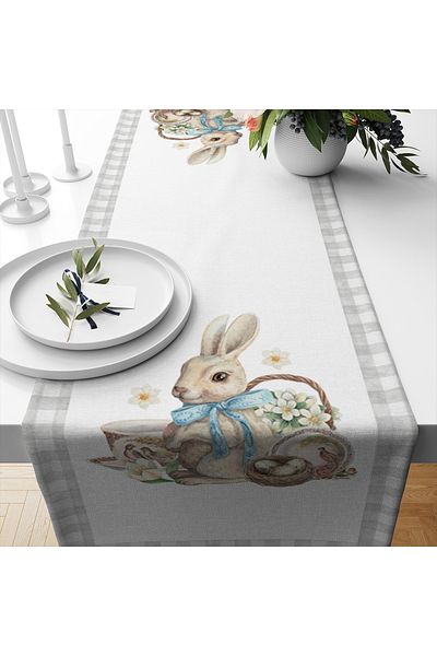 Evmila Spring Themed Rabbit Patterned Velvet Fabric Digital Printed Runner