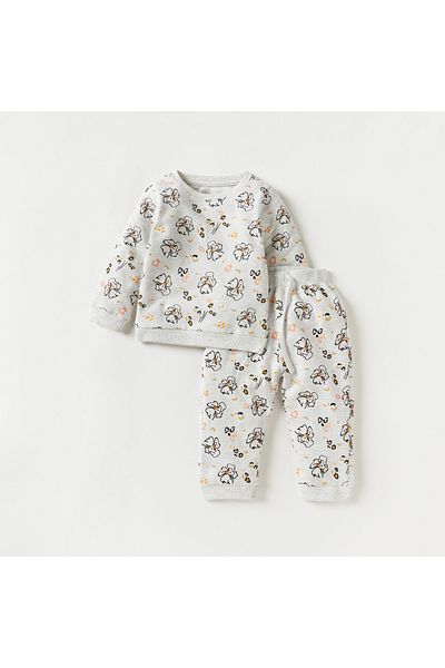 Juniors All-Over Floral Print Long Sleeves T-shirt and Pyjama Set