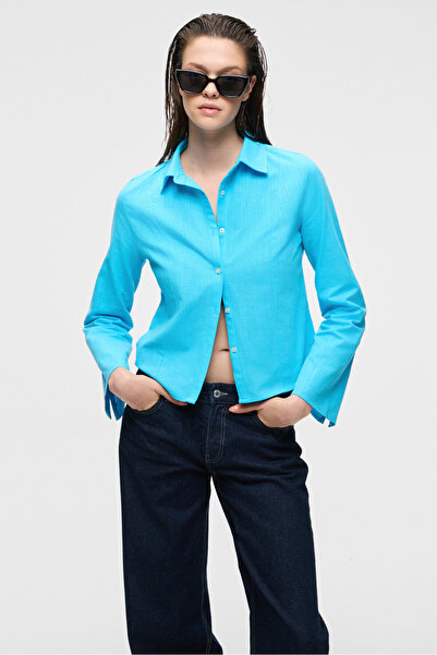 GRIMELANGE MAKAYLA Kadın Keten Uzun Kollu Regular Fit Mavi Gömlek