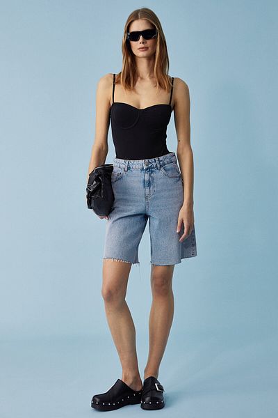 GRIMELANGE Suleje Women's Slim Fit Strap Sleeveless Black Bustier