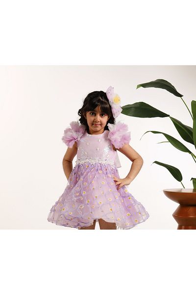 MİSS RAİN Ruffle Sleeves Daisy Embroidered Girl's Tulle Evening Dress
