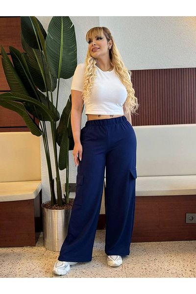 LİKRA Women's Plus Size Cargo Pocket Elastic Waist Flexible Crepe Pants