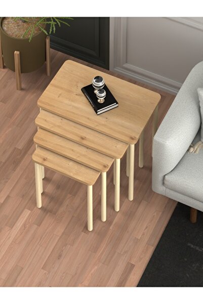 DESENGO Obim 4lü Safir Meşe Ahşap Ayaklı Zigon Sehpa-çay Sehpası-servis Sehpası-salon Sehpa-modern Tasarım