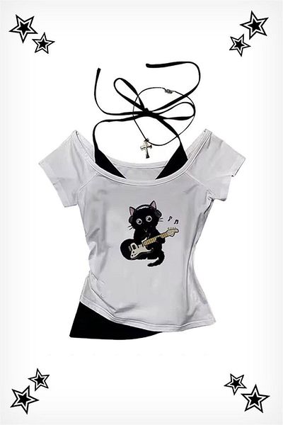 Karakedi White Guitar Cat Madonna Collar Y2K Short Sleeve Crop with Additional Strap
