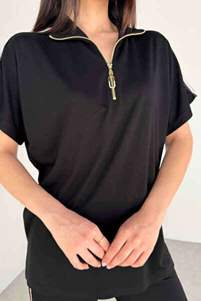 Cappmoda Tkm-13299 Black Zipper Detailed Half Turtleneck Striped T-Shirt & Loose Trousers Two-Piece Set