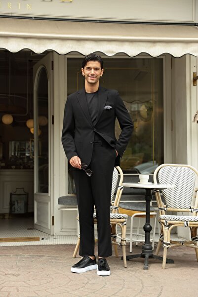 AEK FIORE Erkek Siyah Gofre Dokulu Takım Elbise